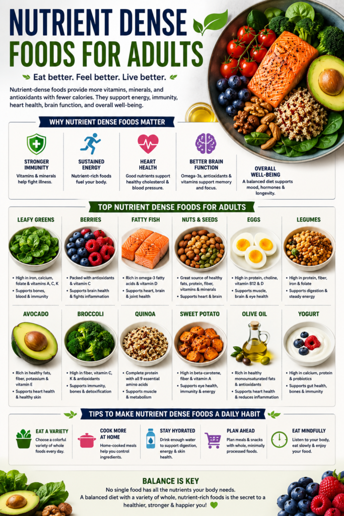 Nutrient-dense foods for adults including leafy greens, berries, salmon, nuts, eggs, legumes, avocado, broccoli, quinoa, and yogurt