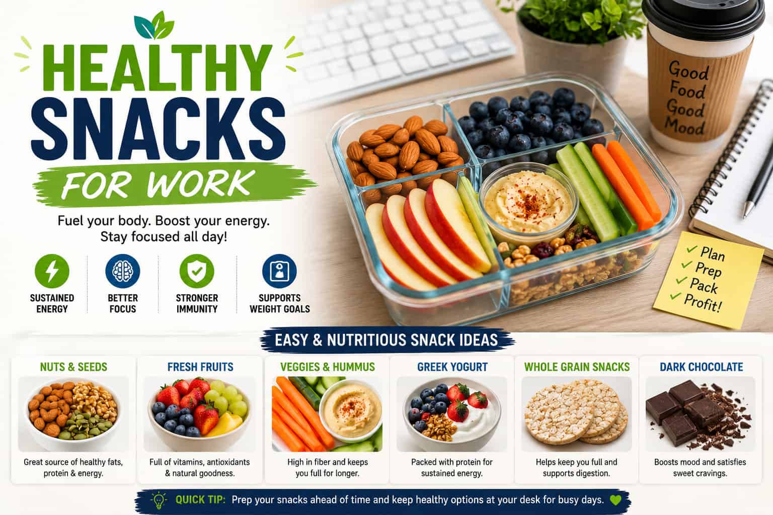 Healthy snacks for work including almonds, blueberries, apple slices, vegetables, hummus, yogurt, whole grain snacks, and dark chocolate