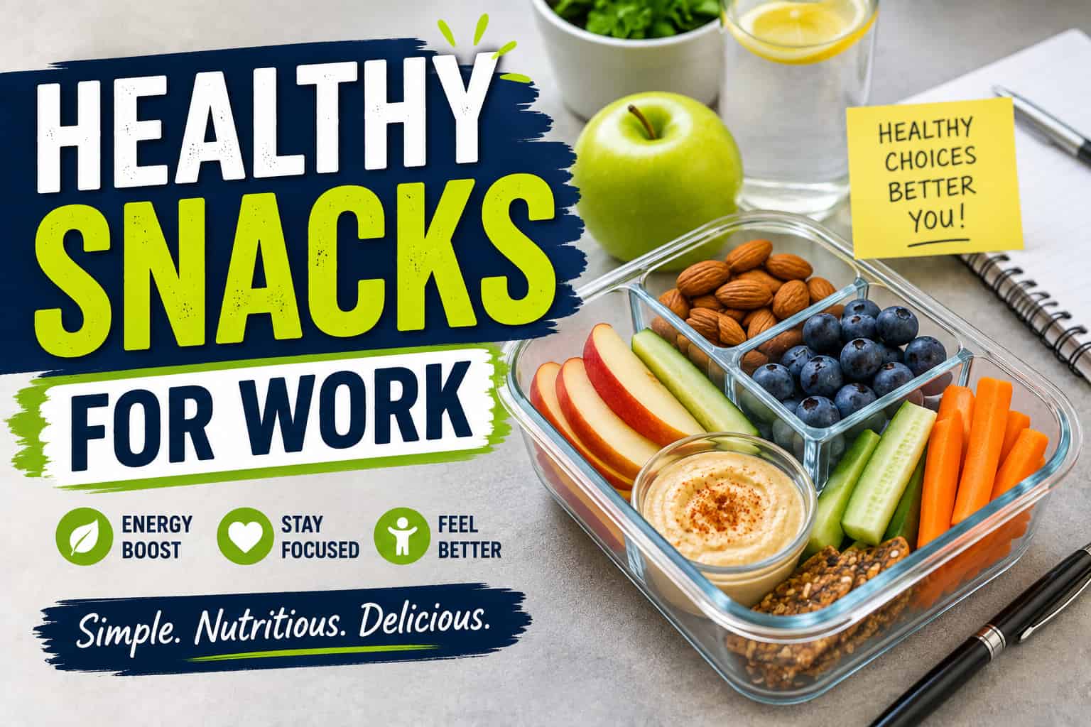 Healthy snacks for work including almonds, blueberries, apple slices, vegetables, hummus, and nuts in a lunch box