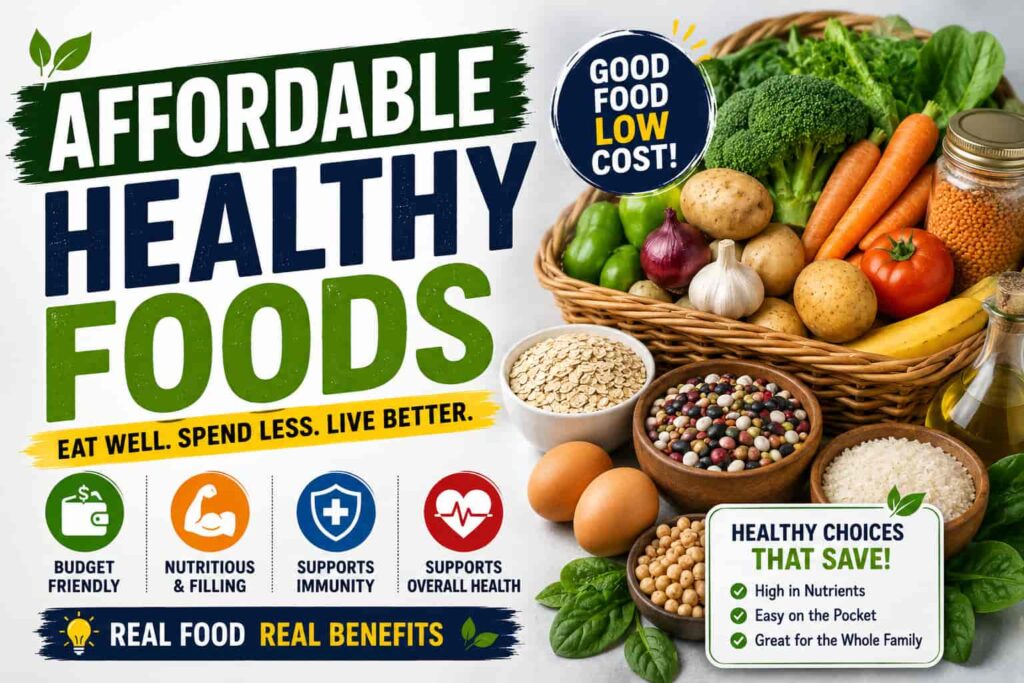 Affordable healthy foods including vegetables, lentils, beans, oats, rice, eggs, bananas, and potatoes
