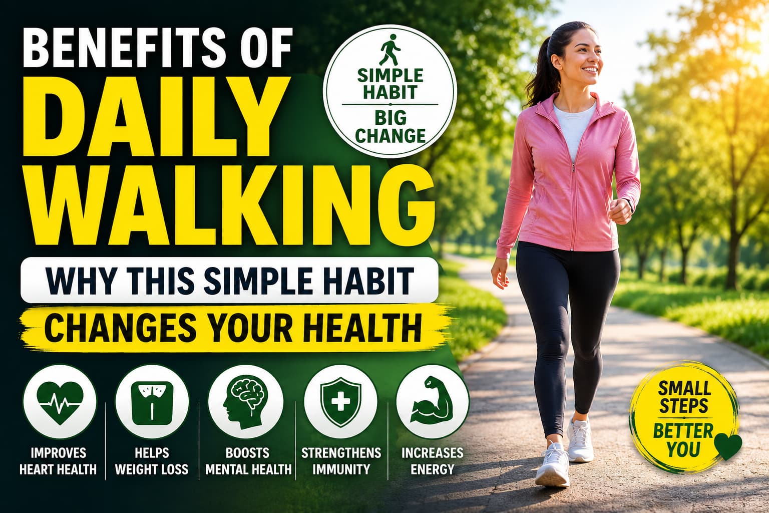 Benefits of daily walking showing how regular walking can improve heart health, mental health, energy, and overall wellness