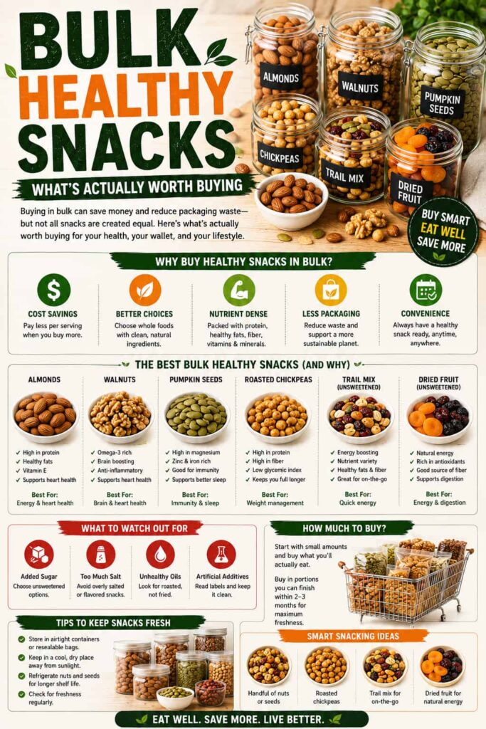 Guide to bulk healthy snacks showing almonds, walnuts, pumpkin seeds, chickpeas, trail mix, dried fruit, buying tips, savings, and freshness advice