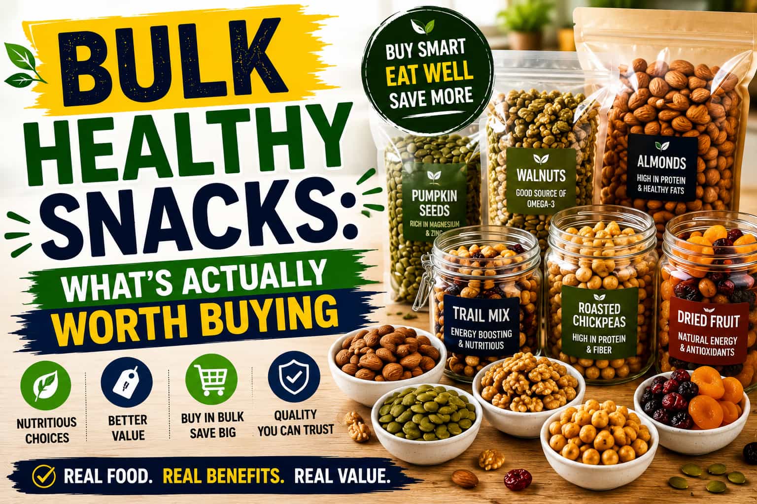 Bulk healthy snacks including almonds, walnuts, pumpkin seeds, trail mix, roasted chickpeas, and dried fruit