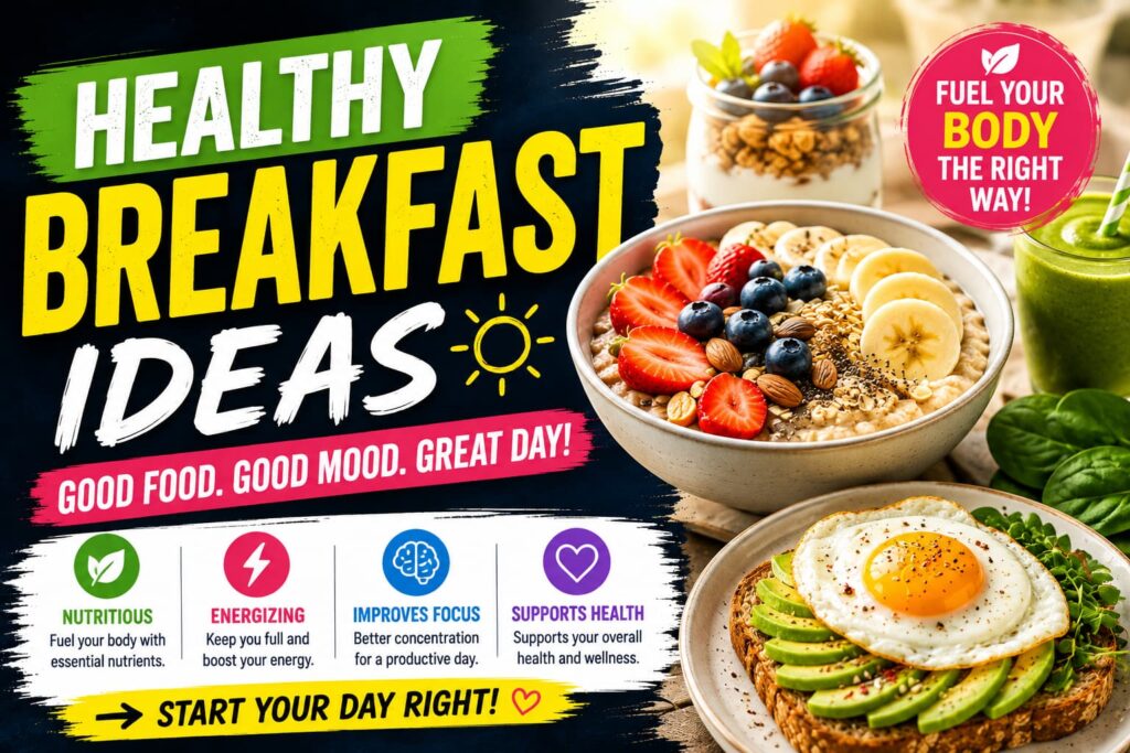 Healthy breakfast ideas featuring oatmeal, fresh berries, avocado toast, eggs, and a green smoothie