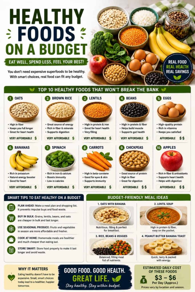 Healthy foods on a budget infographic featuring oats, rice, lentils, beans, eggs, bananas, spinach, carrots, chickpeas, and apples