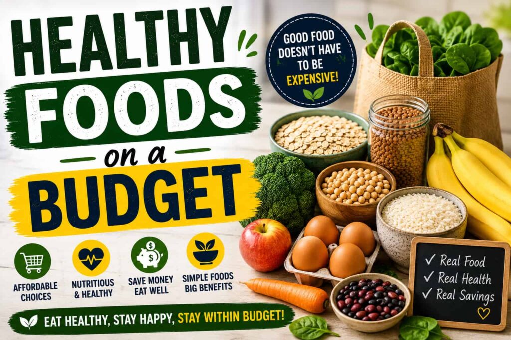 Healthy foods on a budget featuring affordable oats, lentils, beans, rice, eggs, bananas, vegetables, and fresh greens