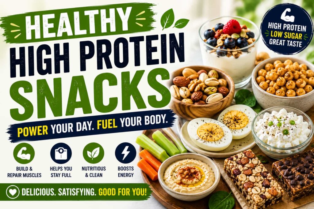 Healthy high protein snacks featuring Greek yogurt, eggs, nuts, cottage cheese, hummus, and protein snack bars