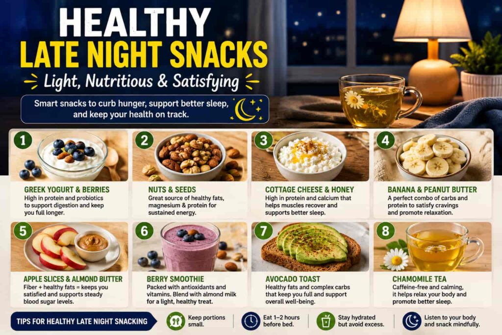 Healthy late night snacks including Greek yogurt and berries, nuts, cottage cheese, banana with peanut butter, apple with almond butter, smoothie, avocado toast, and chamomile tea
