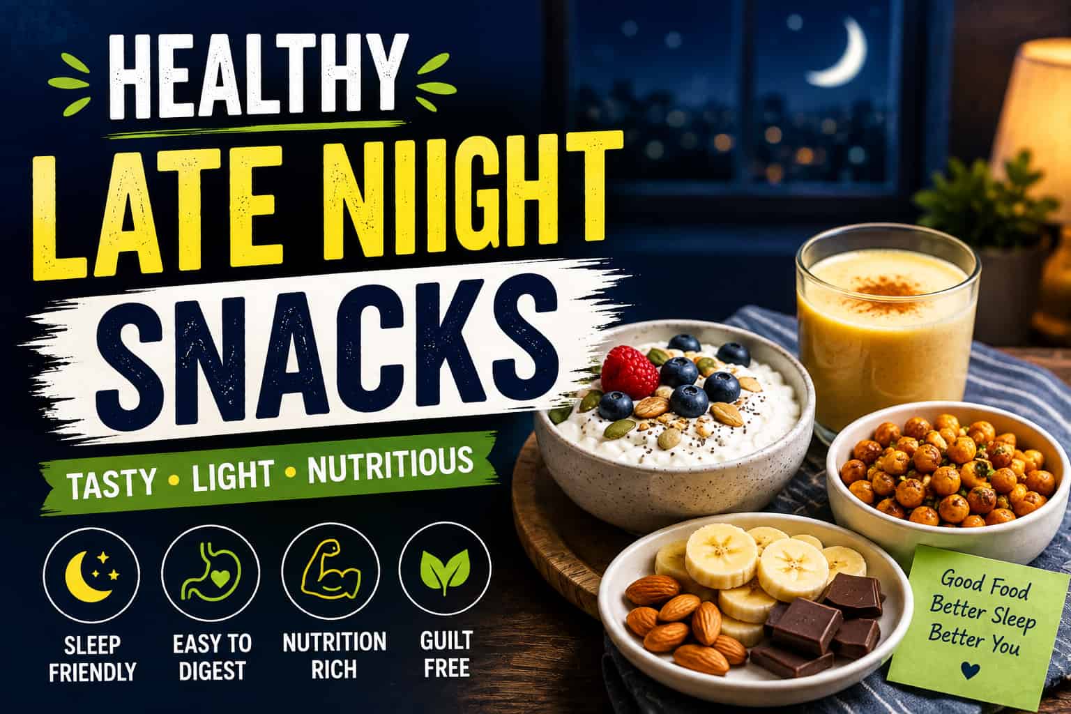 Healthy late night snacks including yogurt, berries, nuts, fruit, and other light snack options