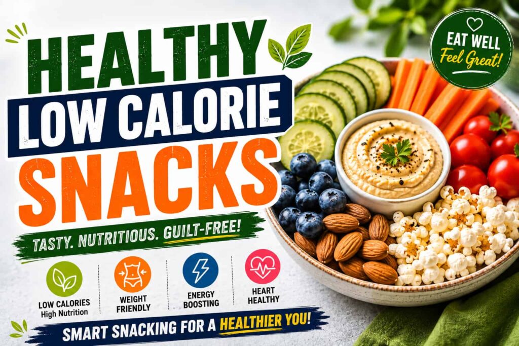 Healthy low calorie snacks including cucumber, carrots, hummus, blueberries, almonds, tomatoes, and popcorn