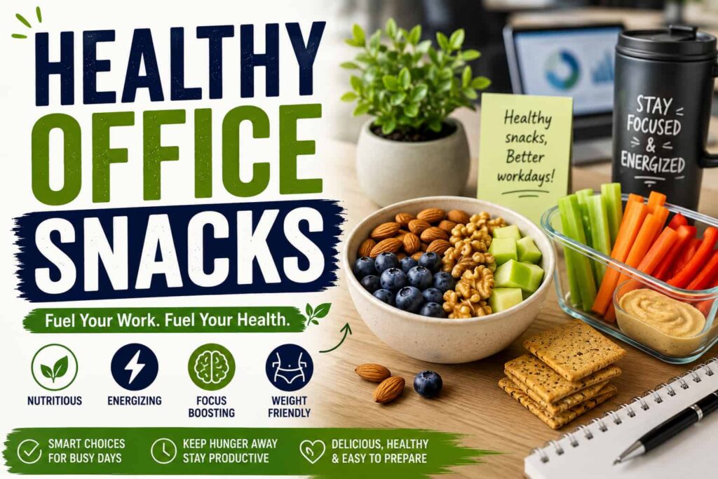Healthy office snacks including fresh fruit, nuts, vegetables, hummus, and whole grain crackers