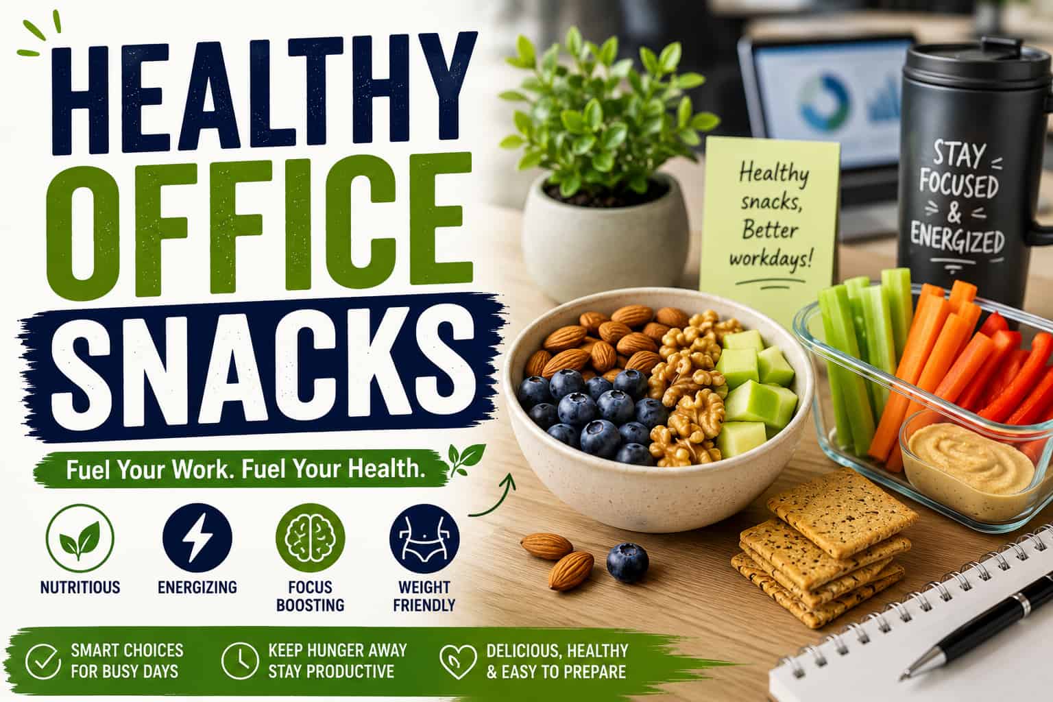 Healthy office snacks including fresh fruit, nuts, vegetables, hummus, and whole grain crackers
