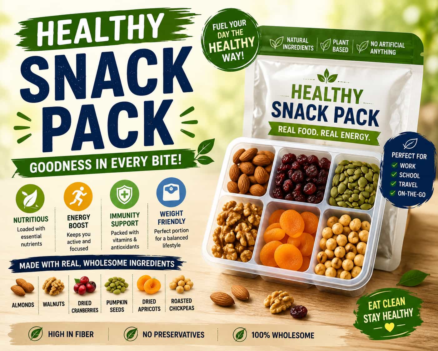 Healthy snack pack with almonds, walnuts, dried cranberries, pumpkin seeds, dried apricots, and roasted chickpeas
