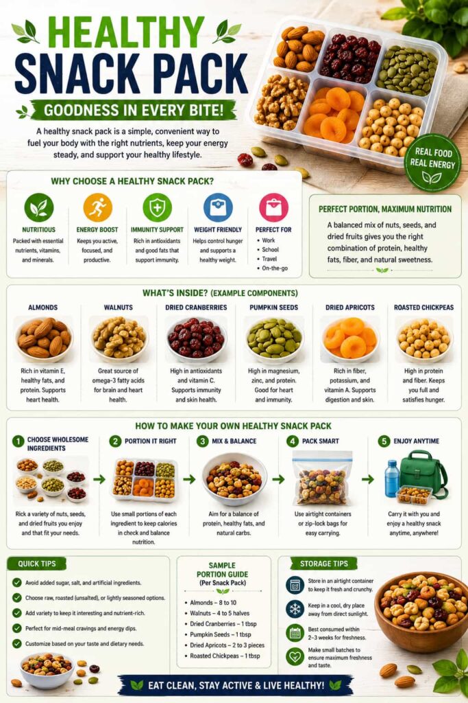 Healthy snack pack ideas featuring nuts, seeds, fruits, vegetables, protein snacks, trail mix, and energy foods