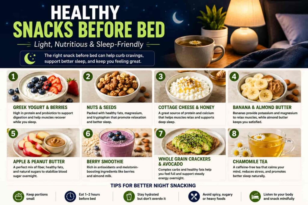 Healthy snacks before bed including Greek yogurt with berries, nuts and seeds, cottage cheese, banana with almond butter, apple with peanut butter, berry smoothie, avocado crackers, and chamomile tea