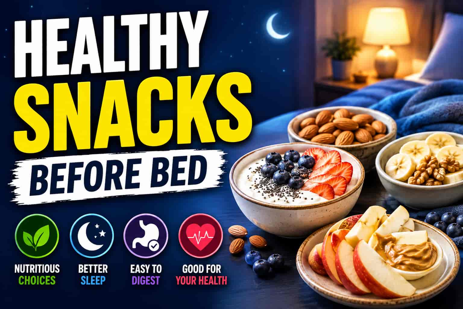 Healthy snacks before bed including Greek yogurt with berries, almonds, banana, apple with nut butter, and herbal tea