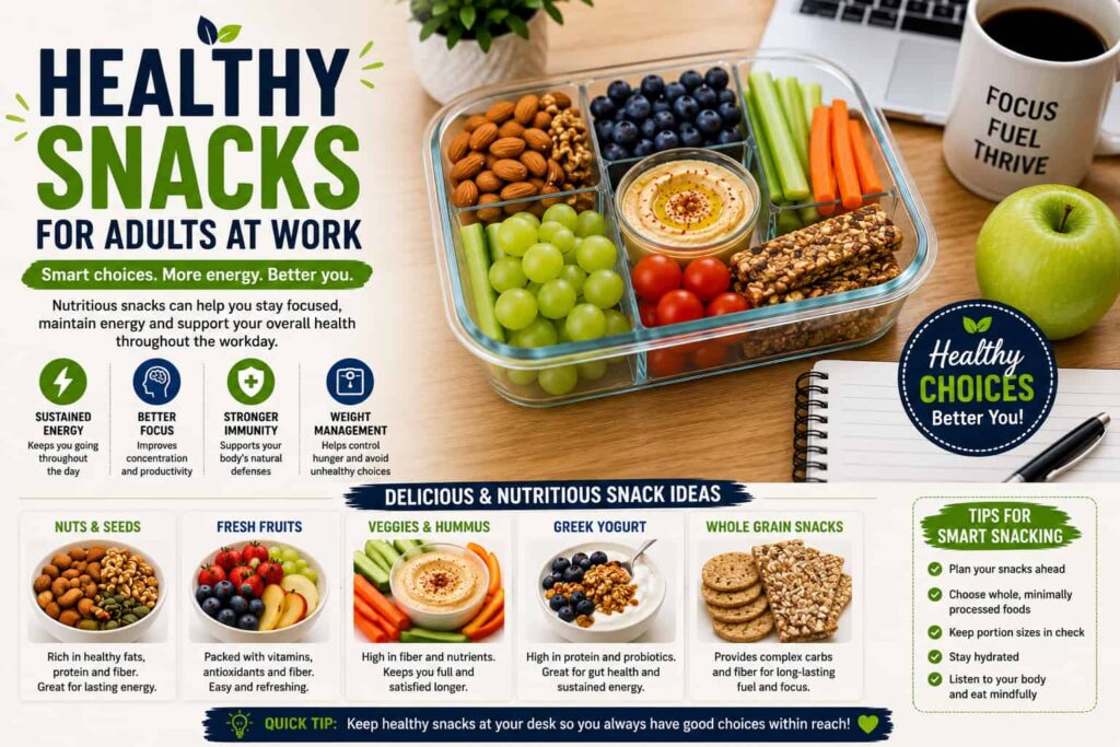 Healthy snacks for adults at work including nuts, fresh fruit, vegetables with hummus, yogurt, and whole grain snacks