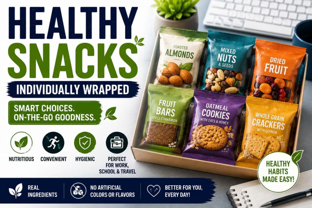 Healthy individually wrapped snacks including nuts, dried fruit, fruit bars, oatmeal cookies, and whole grain crackers
