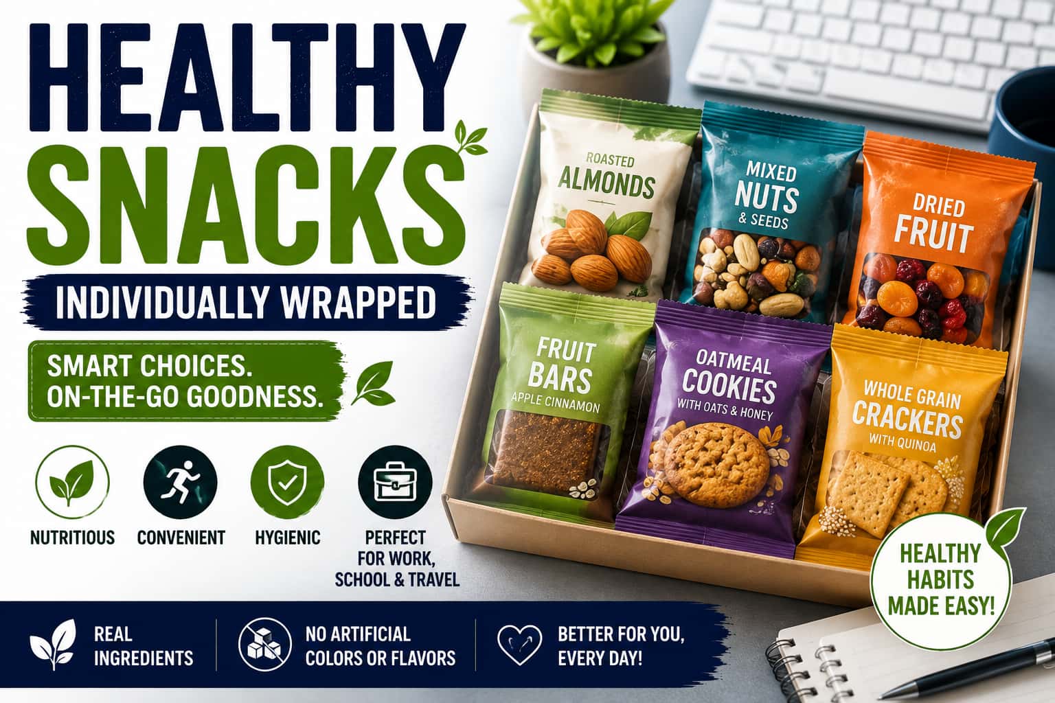 Healthy individually wrapped snacks including nuts, dried fruit, fruit bars, oatmeal cookies, and whole grain crackers
