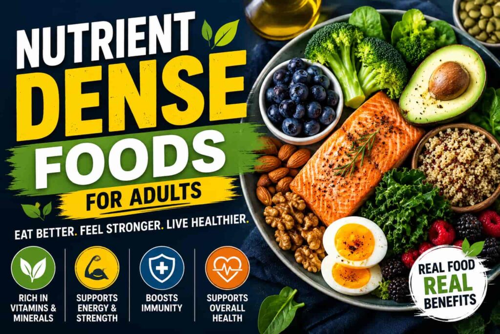 Nutrient-dense foods for adults including salmon, avocado, broccoli, blueberries, nuts, eggs, and leafy greens