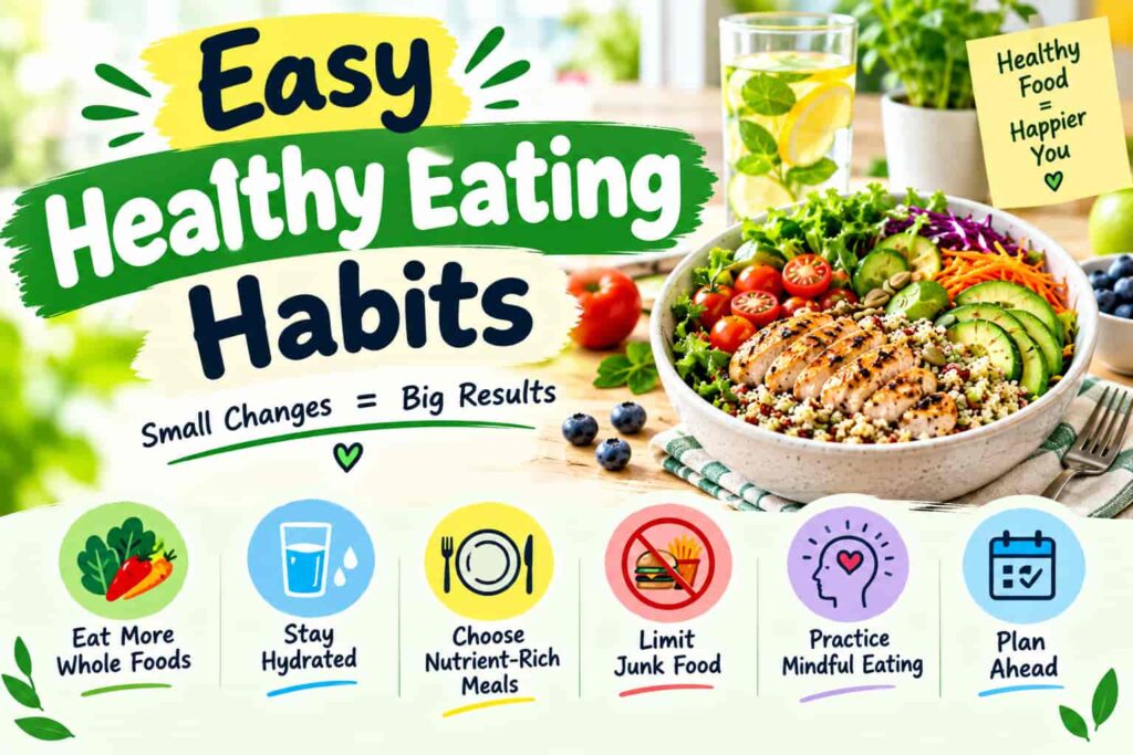 Easy healthy eating habits with nutritious food, hydration, whole foods, mindful eating, and meal planning