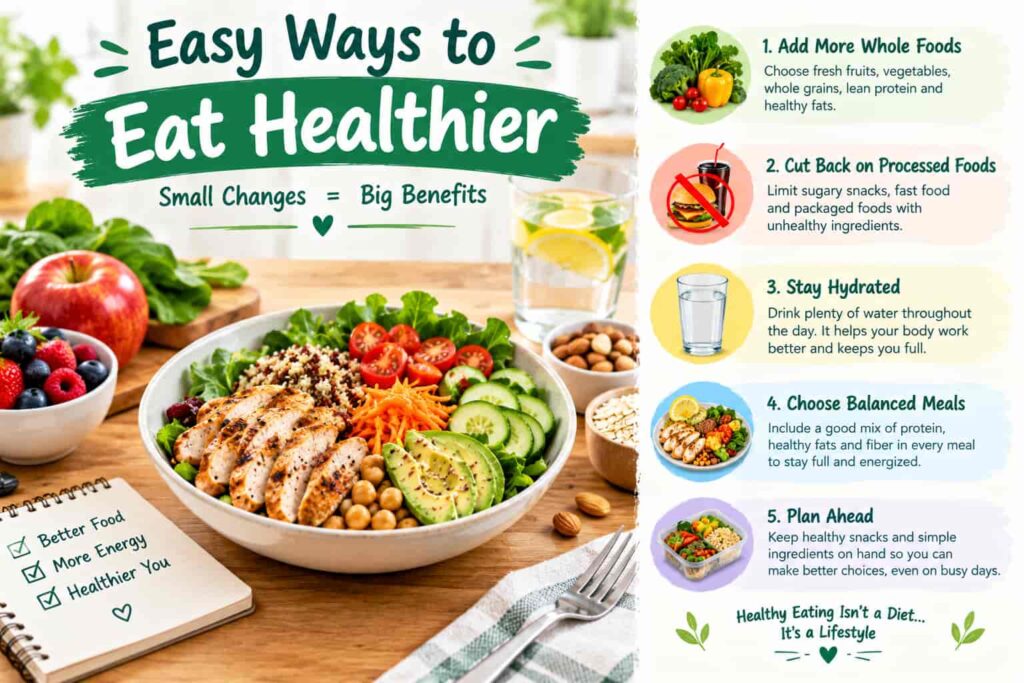 Easy ways to eat healthier with balanced meals, fresh fruits, vegetables, and healthy food choices