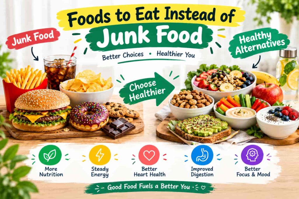 Healthy foods to eat instead of junk food including fruits, nuts, vegetables, avocado toast, and yogurt