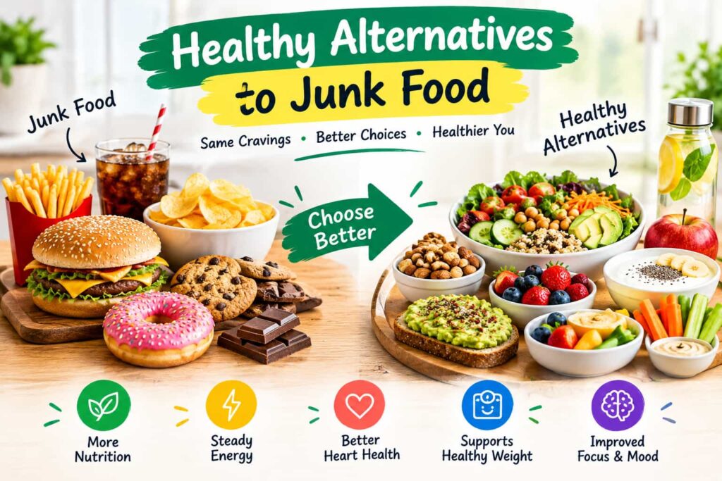 Healthy alternatives to junk food with fruits, vegetables, nuts, yogurt, and nutritious snacks