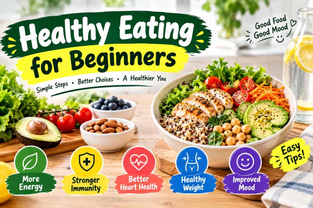Healthy eating for beginners with a nutritious meal, fresh vegetables, fruits, and simple healthy food choices