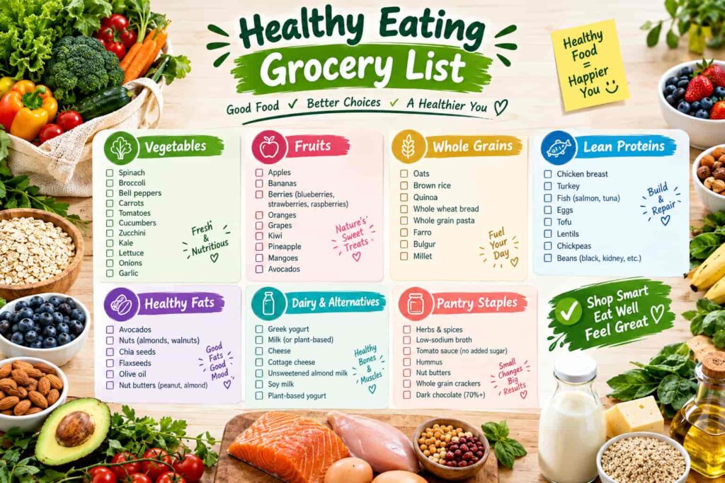 Healthy eating grocery list featuring vegetables, fruits, whole grains, lean proteins, healthy fats, dairy alternatives, and pantry staples