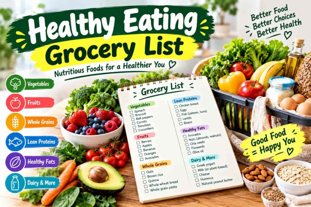 Healthy eating grocery list with fresh vegetables, fruits, whole grains, lean protein, healthy fats, and nutritious foods