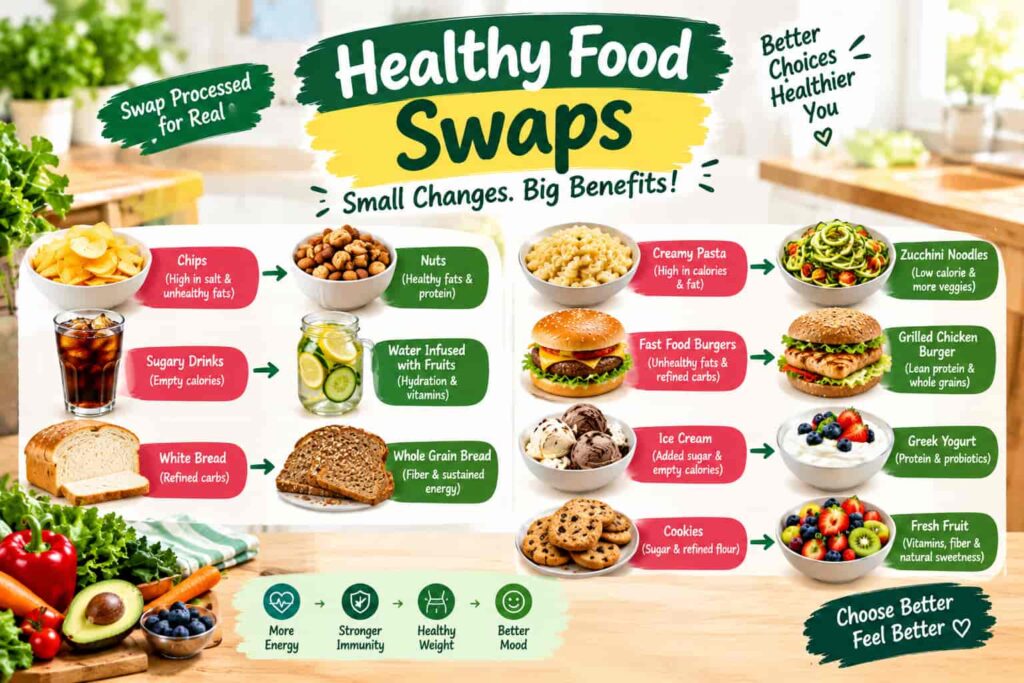 Healthy food swaps showing nutritious alternatives to chips, sugary drinks, white bread, fast food, ice cream, and cookies