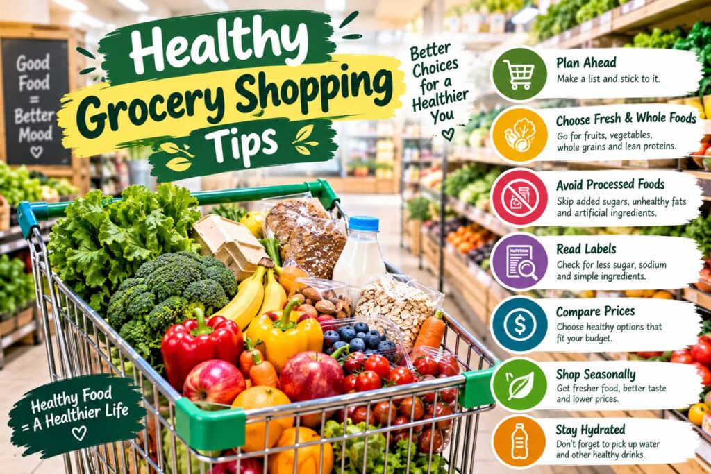Grocery cart filled with fresh fruits, vegetables, whole grains, and healthy foods in a supermarket