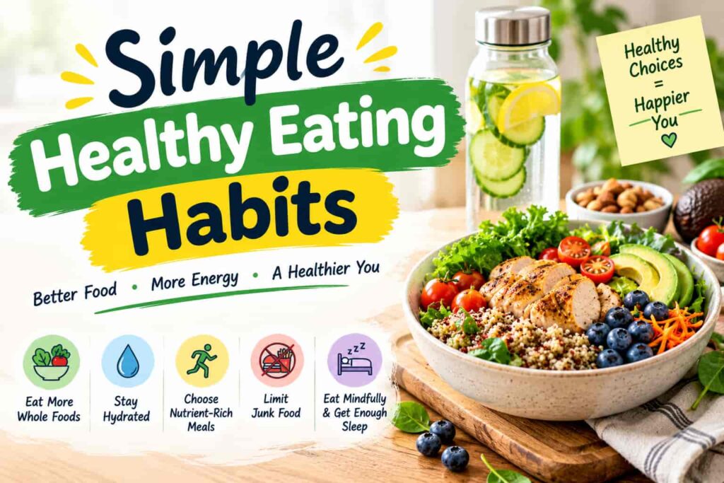 Simple healthy eating habits with a nutritious meal, fresh vegetables, hydration, and healthy food choices