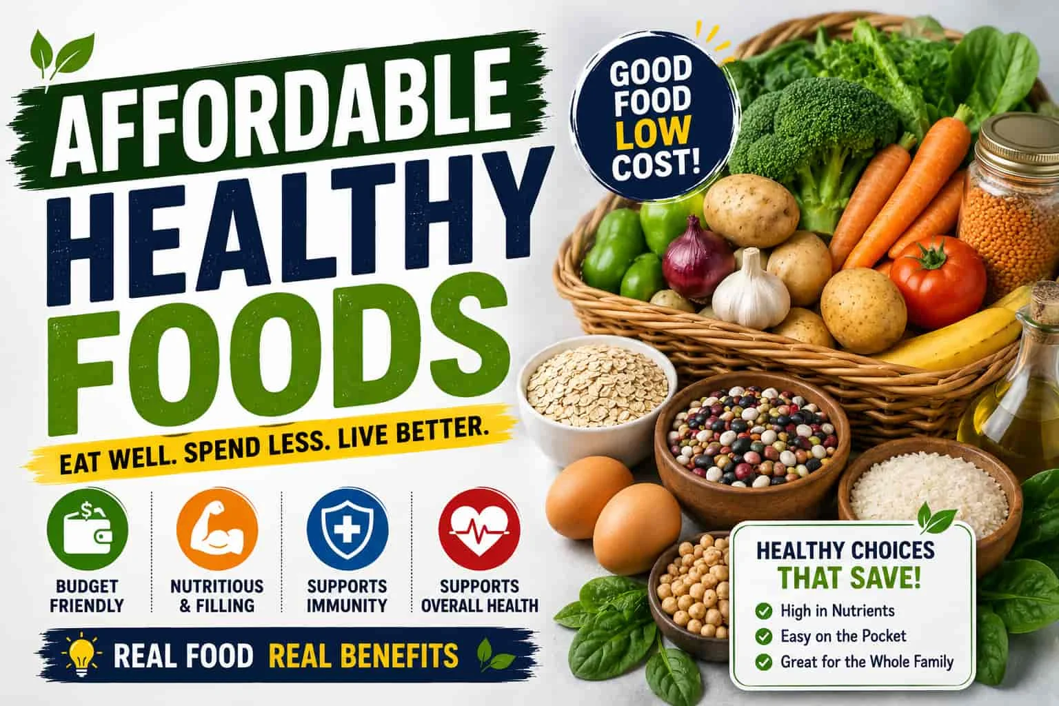 Affordable healthy foods including vegetables, lentils, beans, oats, rice, eggs, bananas, and potatoes