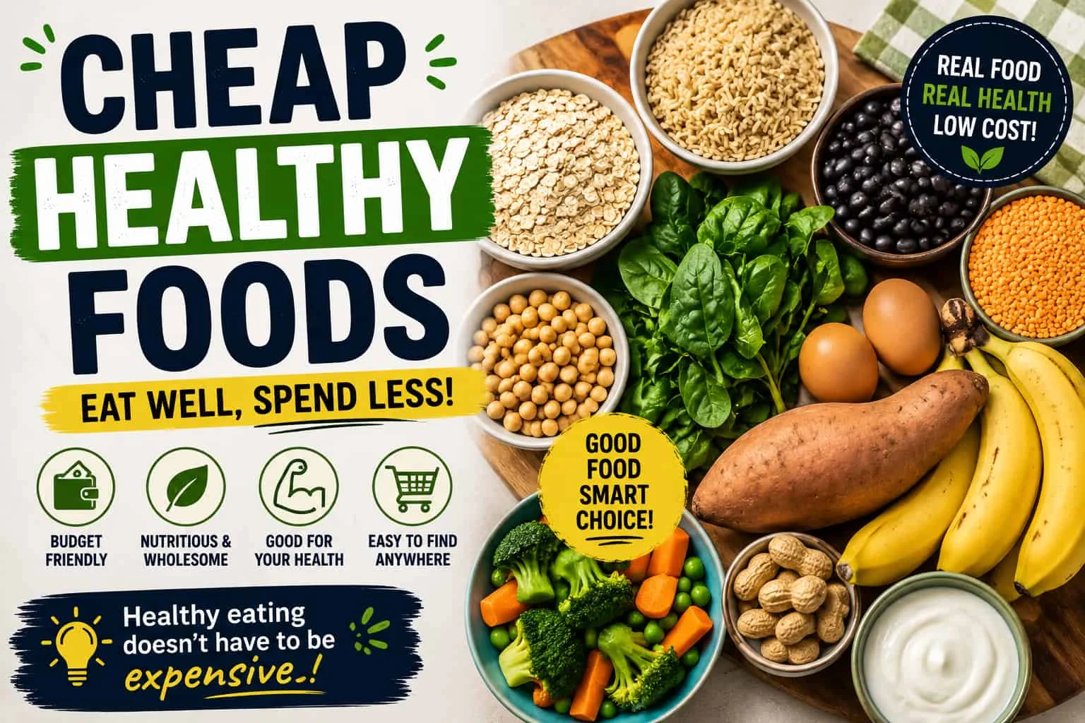 Cheap healthy foods including oats, beans, lentils, eggs, vegetables, bananas, peanuts, and yogurt