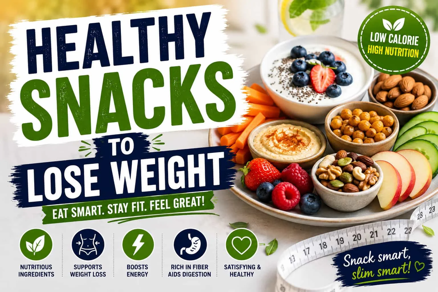 Healthy snacks to lose weight featuring yogurt, berries, nuts, vegetables, hummus, chickpeas, and fresh fruit