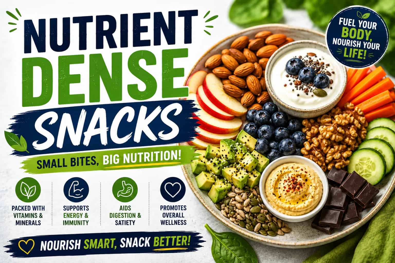 Nutrient dense snacks featuring Greek yogurt, blueberries, apples, almonds, carrots, walnuts, cucumber, hummus, seeds, avocado, and dark chocolate