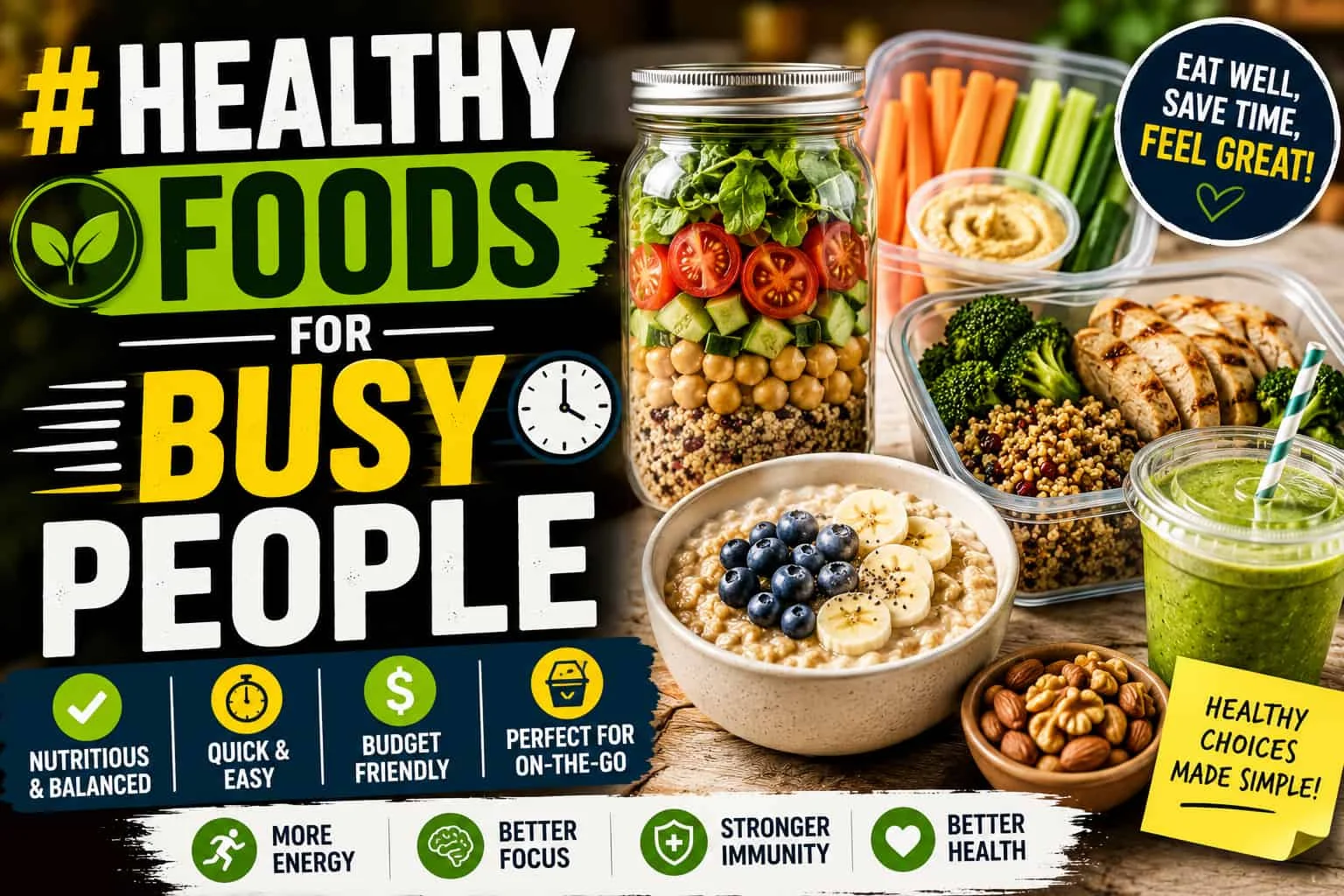 Healthy foods for busy people featuring meal prep containers, salad, grilled chicken, oatmeal, smoothie, vegetables, and nuts
