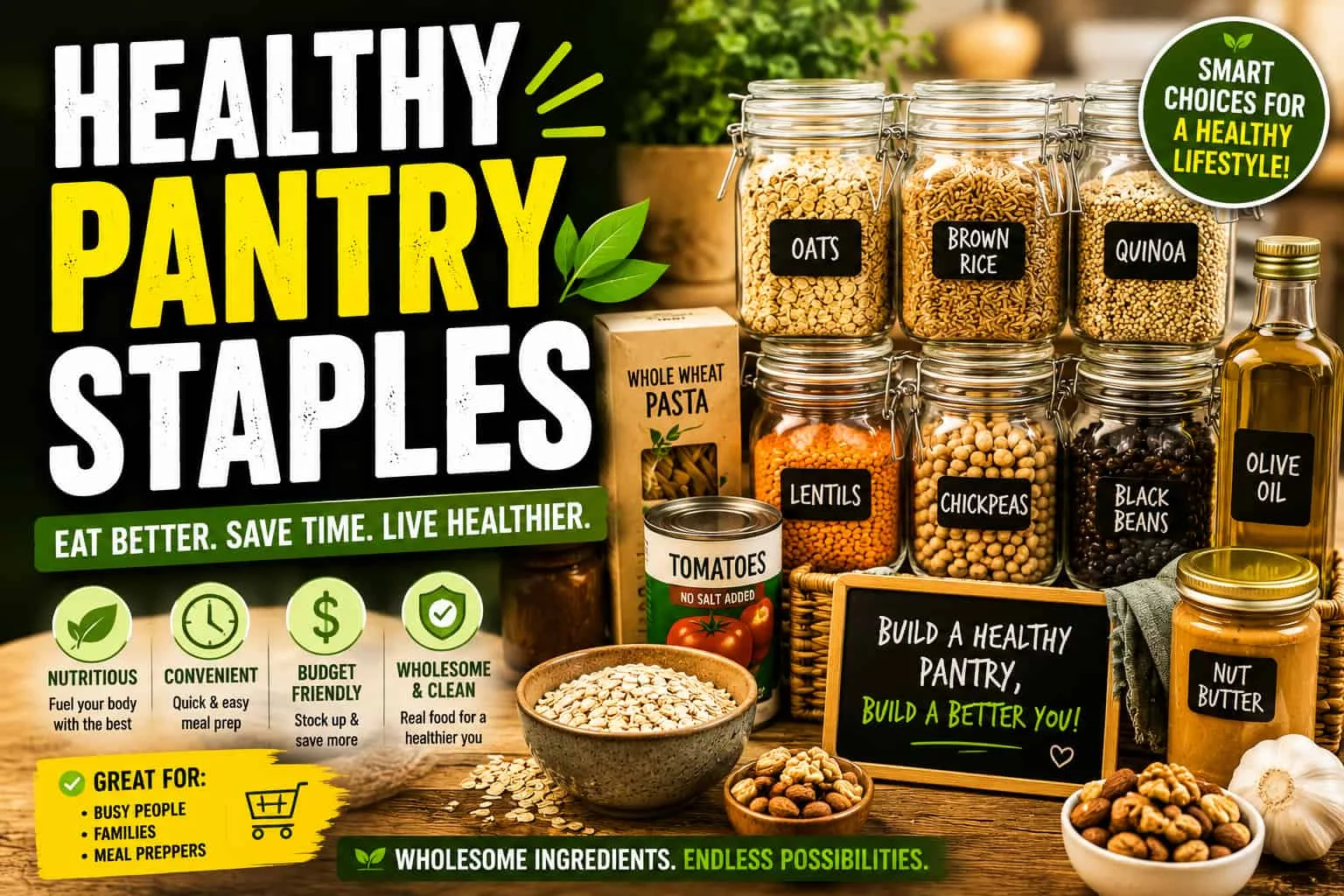 Healthy pantry staples including oats, brown rice, quinoa, lentils, chickpeas, black beans, whole wheat pasta, olive oil, and nut butter
